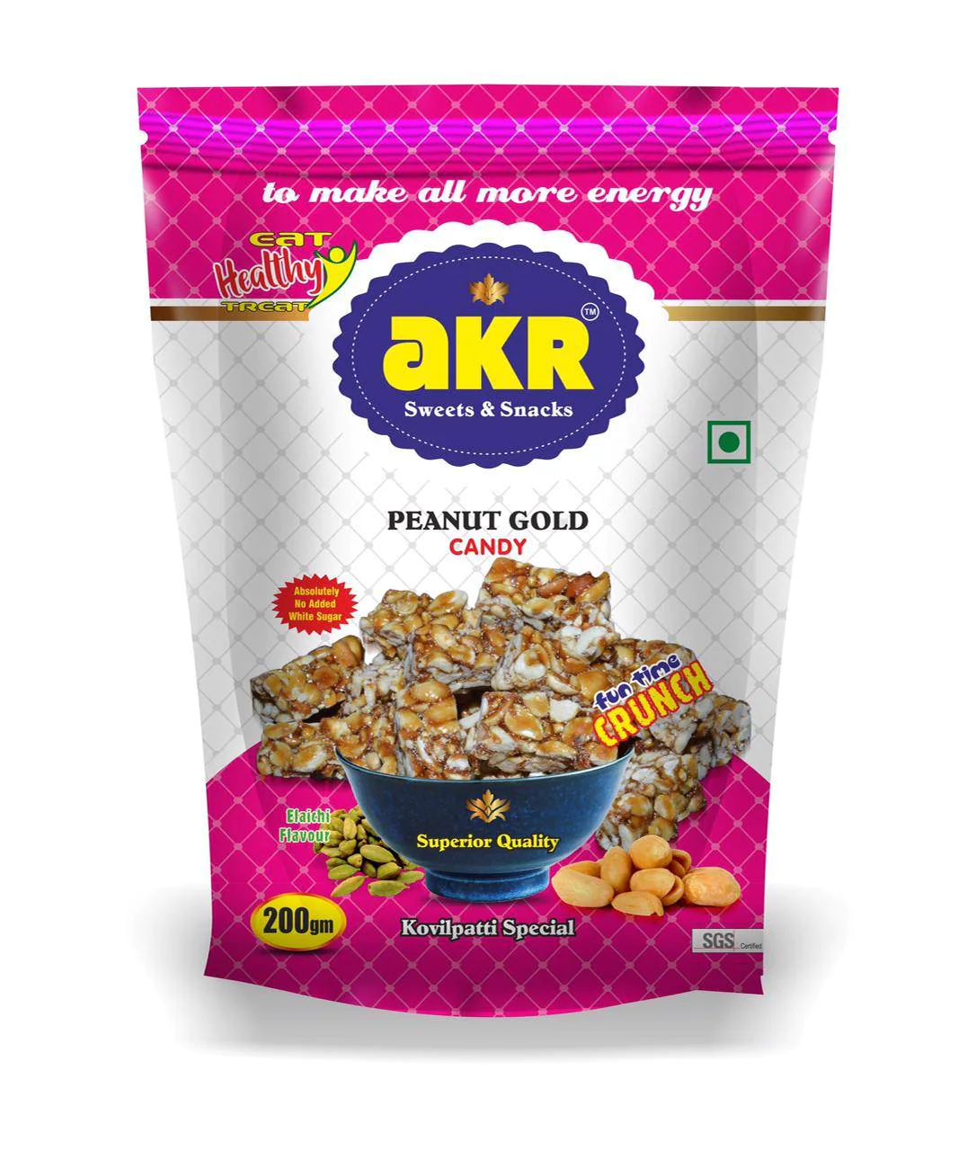 AKR - Peanut Gold Elaichi Flavour Candy | Kovilpatti Special | Nutritious Bar, No Added Preservatives and Colours | Pack of 2-Each of 200g